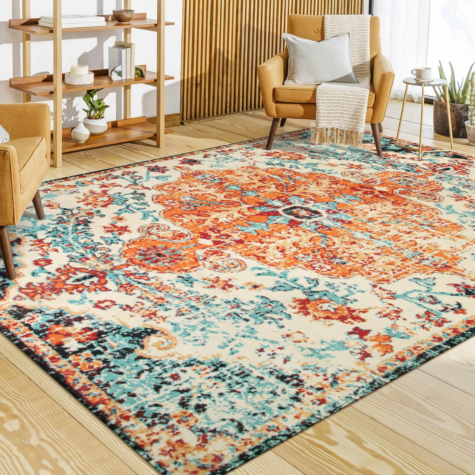 Reine Bohemian Floral Medallion Orange Area Rug