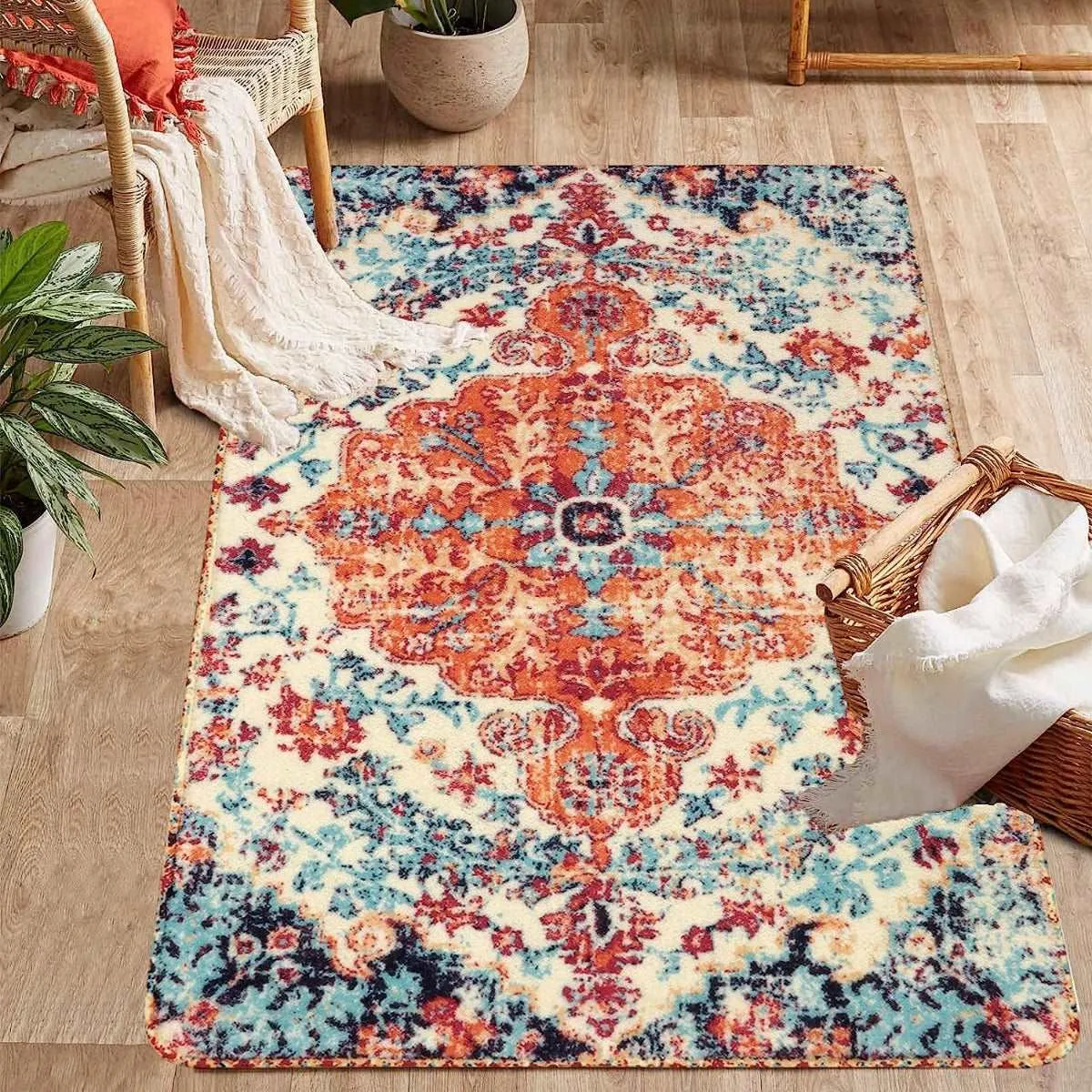 Reine Bohemian Floral Medallion Orange Area Rug