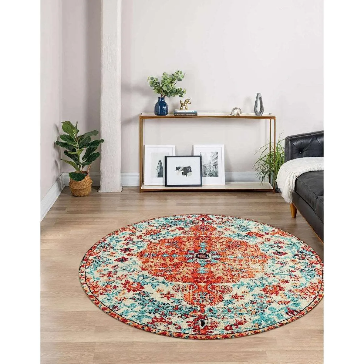 Reine Bohemian Floral Medallion Orange Area Rug