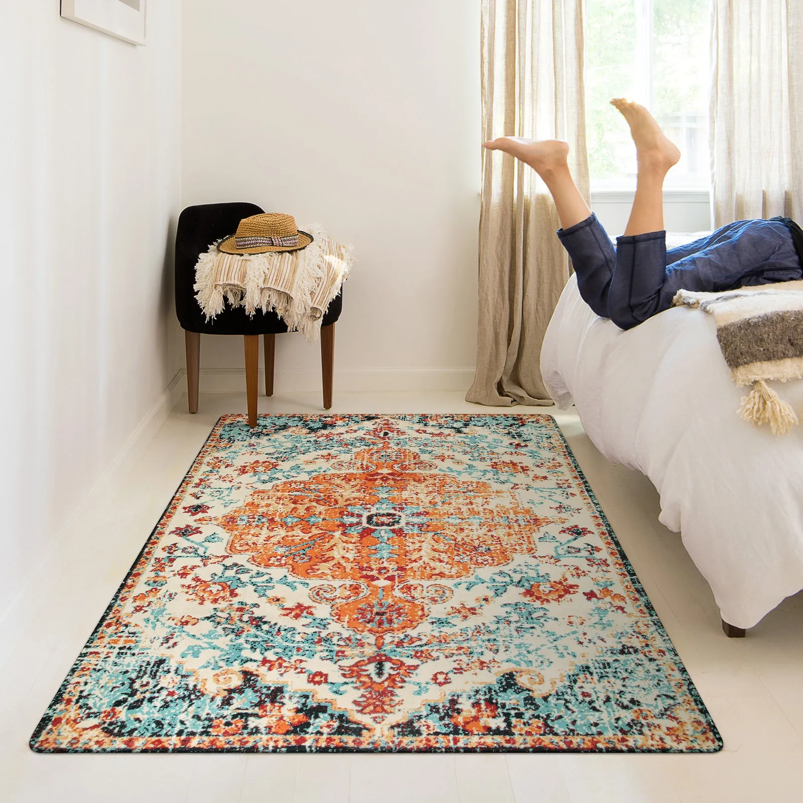 Reine Bohemian Floral Medallion Orange Area Rug