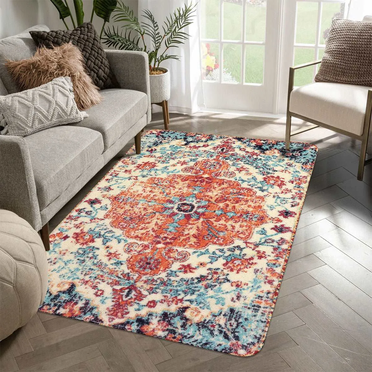 Reine Bohemian Floral Medallion Orange Area Rug