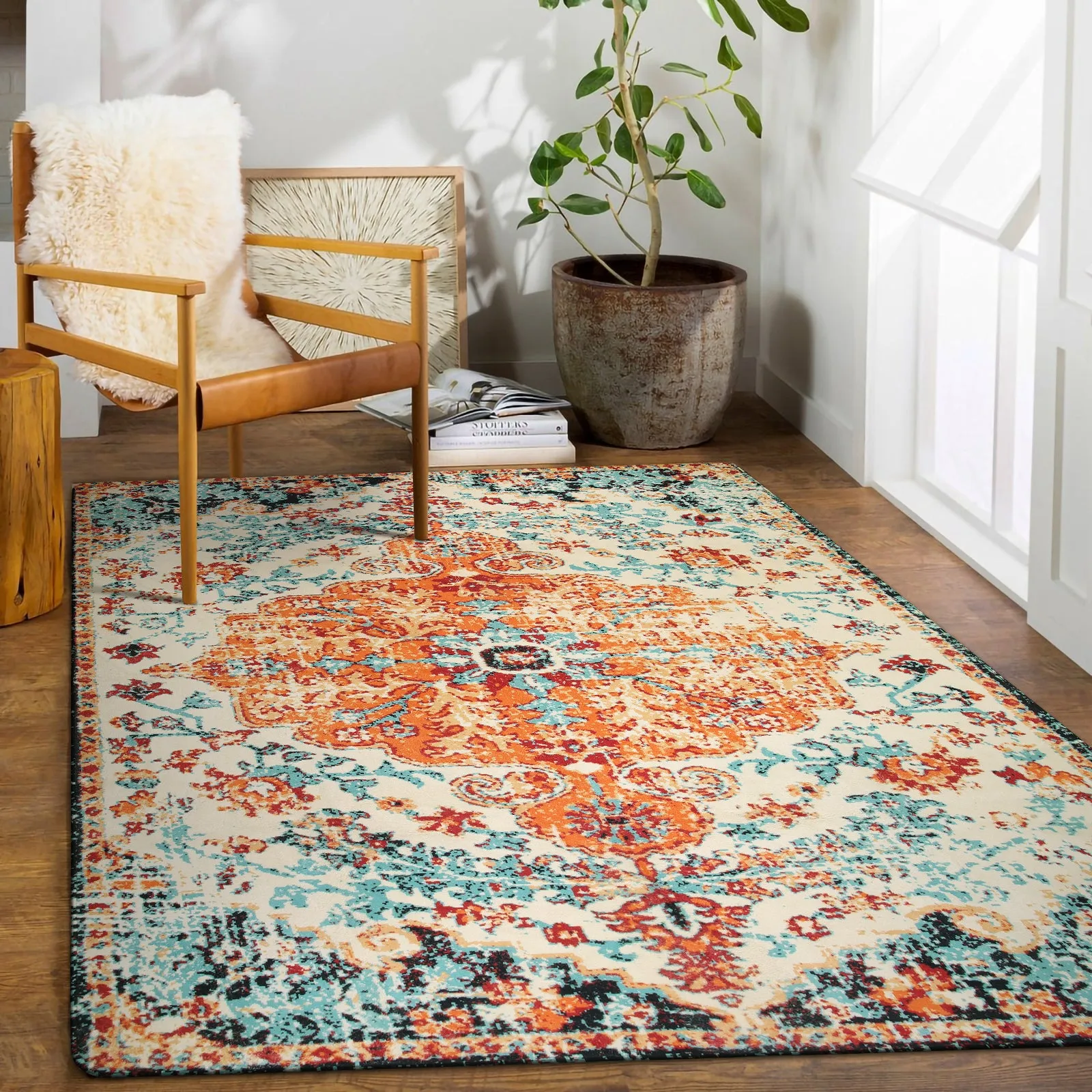 Reine Bohemian Floral Medallion Orange Area Rug