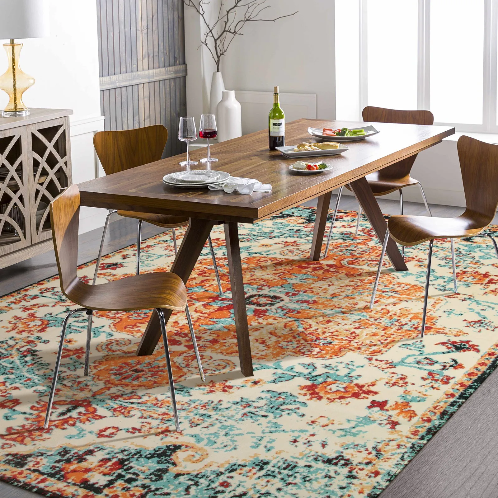 Reine Bohemian Floral Medallion Orange Area Rug