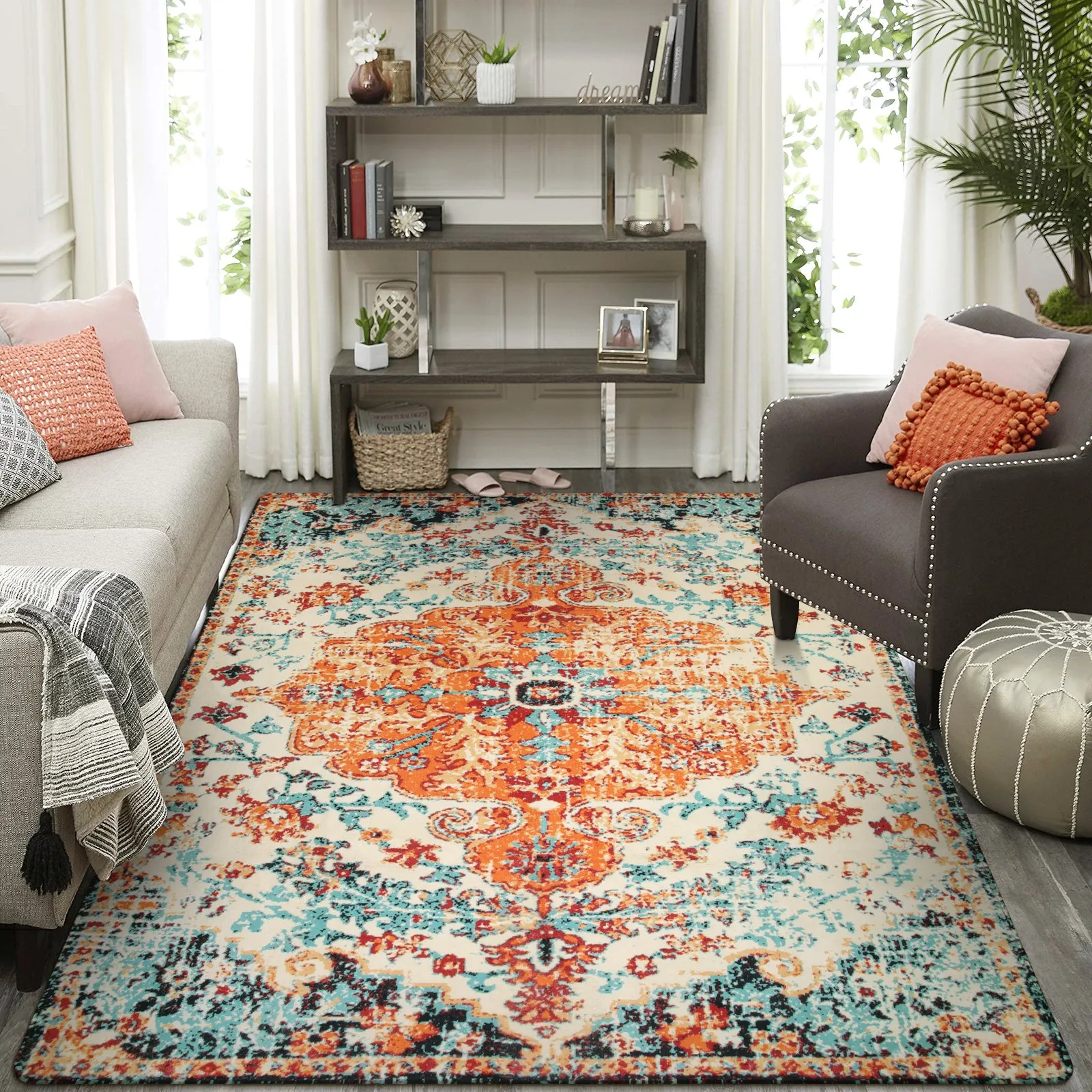 Reine Bohemian Floral Medallion Orange Area Rug