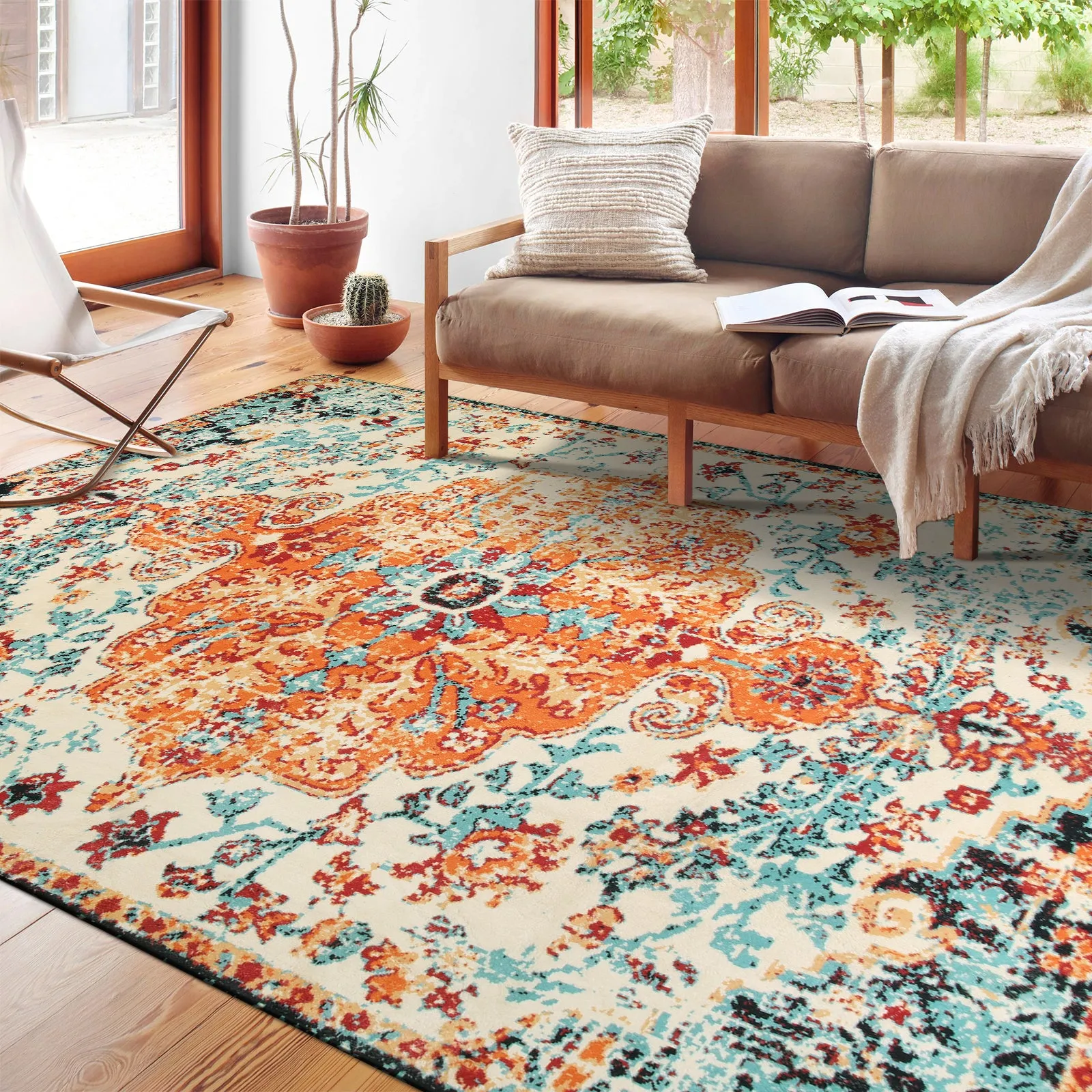 Reine Bohemian Floral Medallion Orange Area Rug