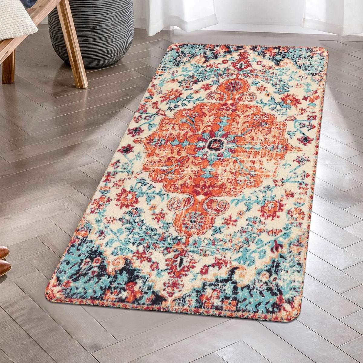 Reine Bohemian Floral Medallion Orange Area Rug