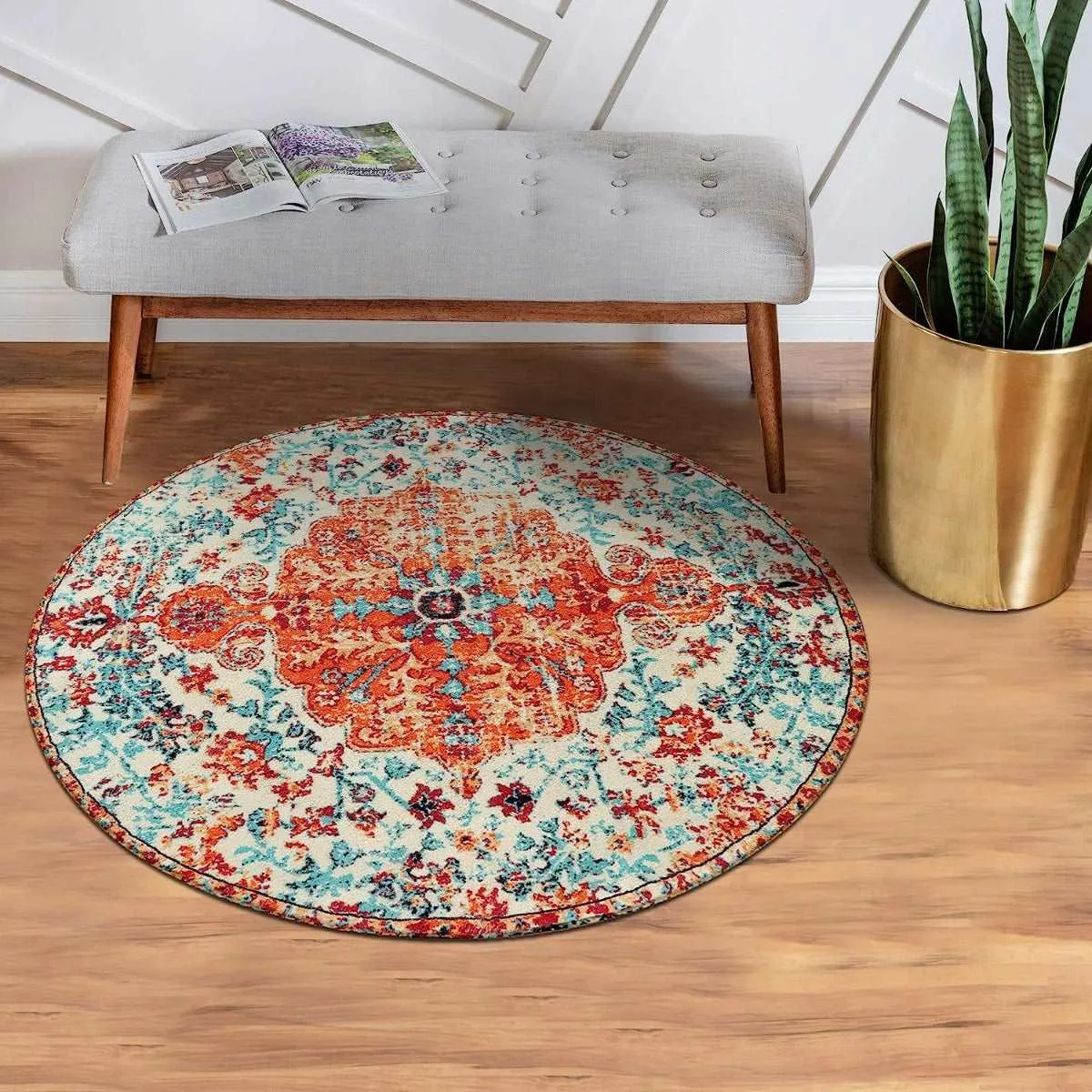 Reine Bohemian Floral Medallion Orange Area Rug