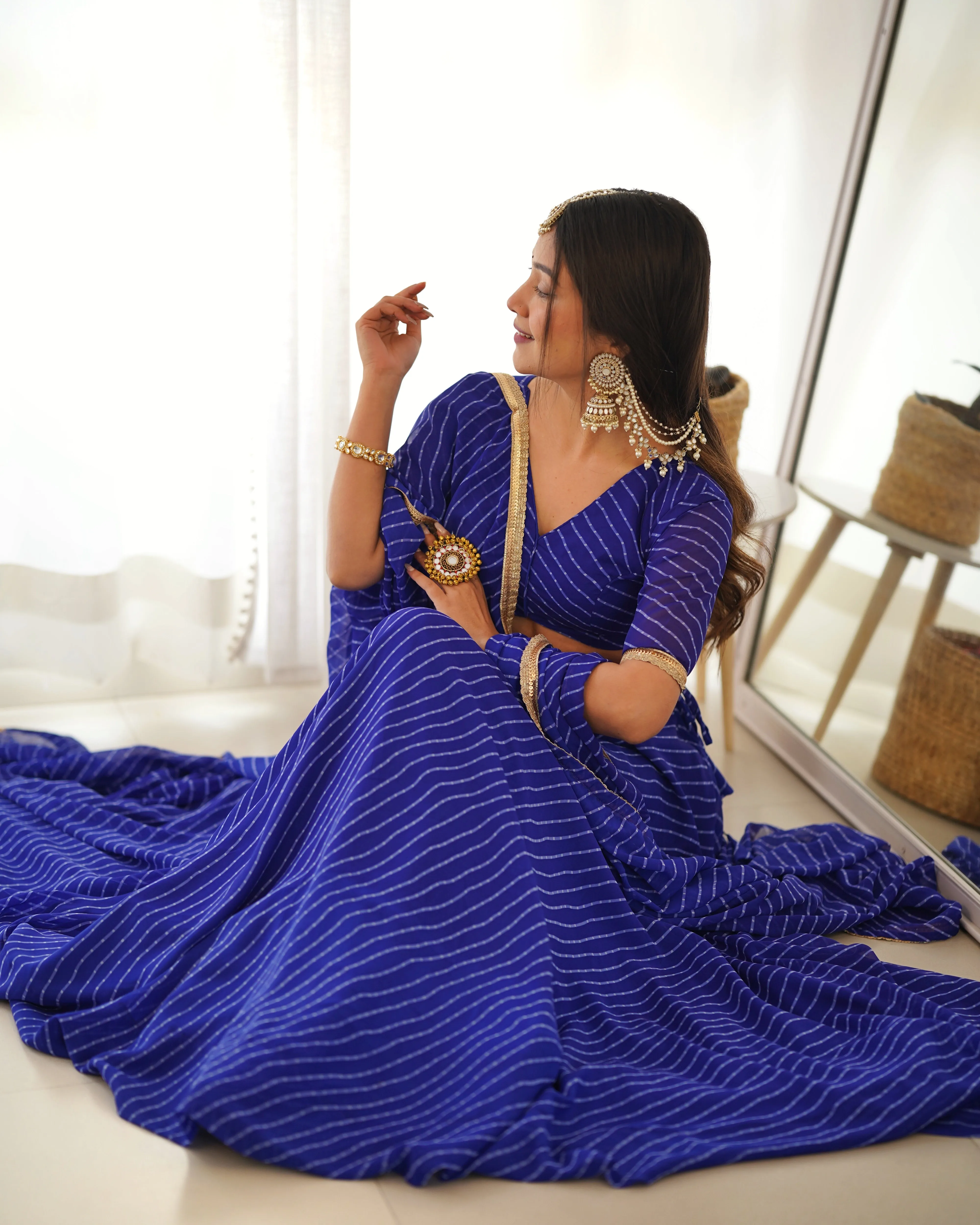 Royal Blue Exquisite Designer Lehenga Choli in Pure Fox Georgette Laheriya Print, Ready-to-Wear