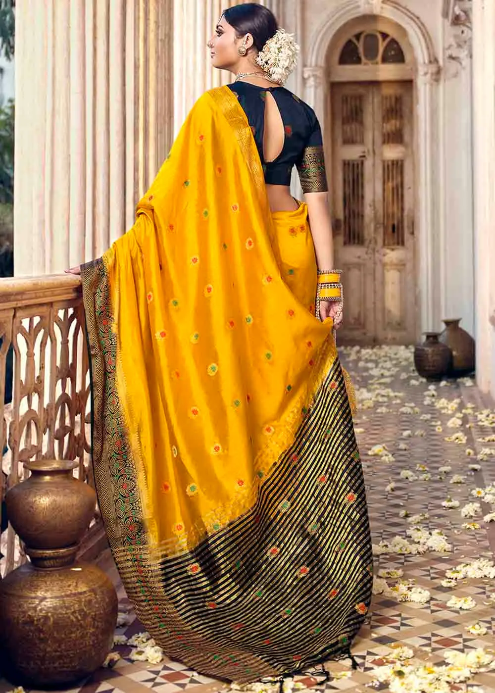 Saffron Yellow Floral Zari Woven Raw Silk Saree