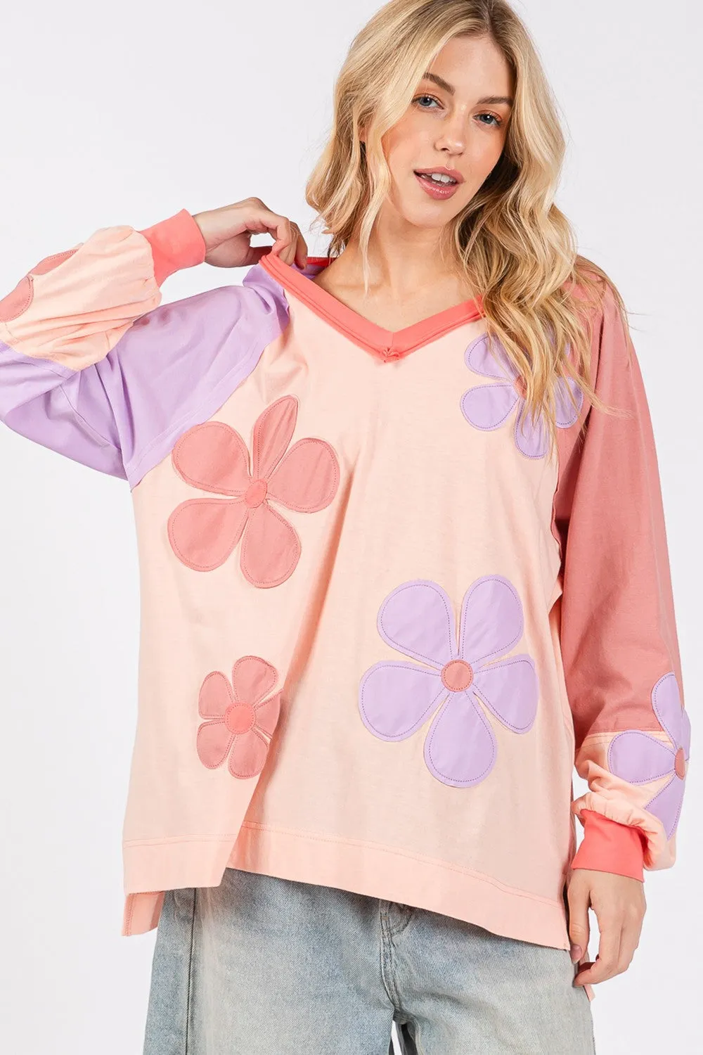 SAGE   FIG Full Size Daisy Applique Patch Color Block Long Sleeve Top