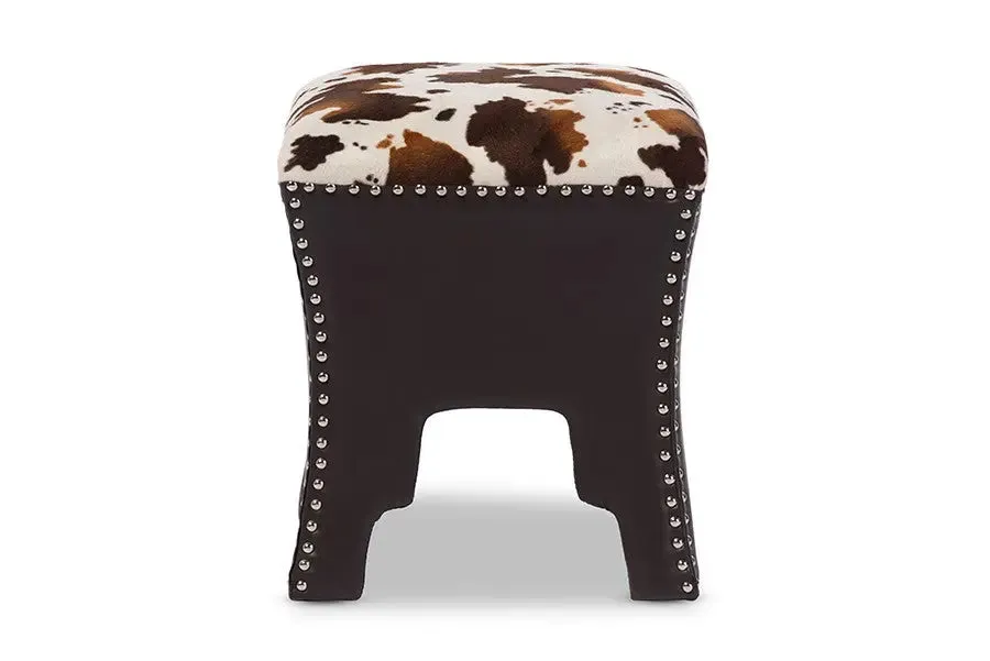 Sally Cow-print Patterned Fabric Brown Faux Leather Upholstered Accent Stool with Nail heads