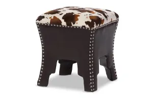 Sally Cow-print Patterned Fabric Brown Faux Leather Upholstered Accent Stool with Nail heads