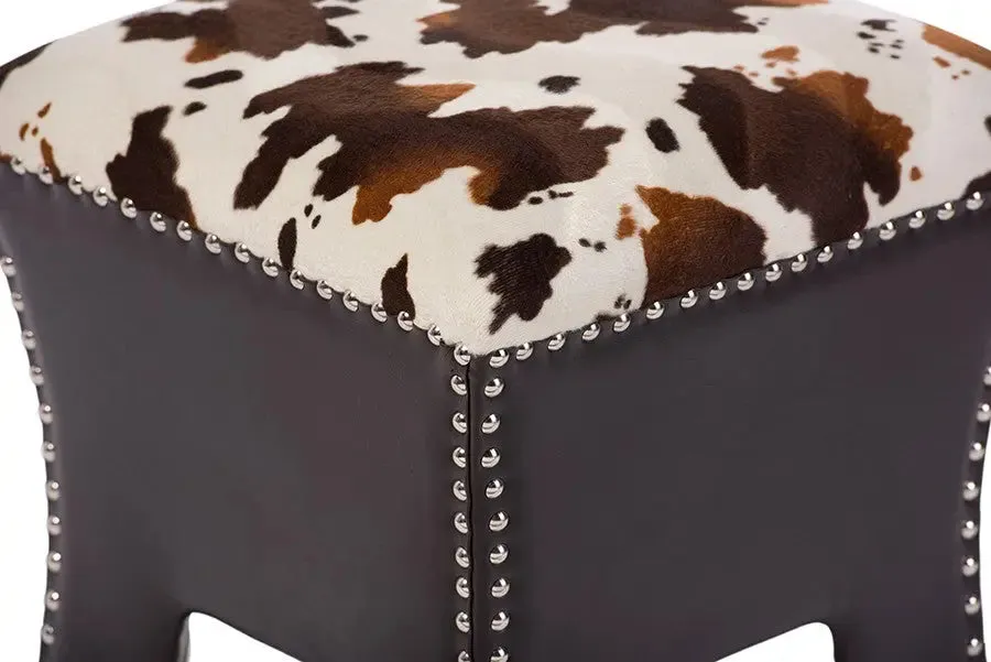 Sally Cow-print Patterned Fabric Brown Faux Leather Upholstered Accent Stool with Nail heads