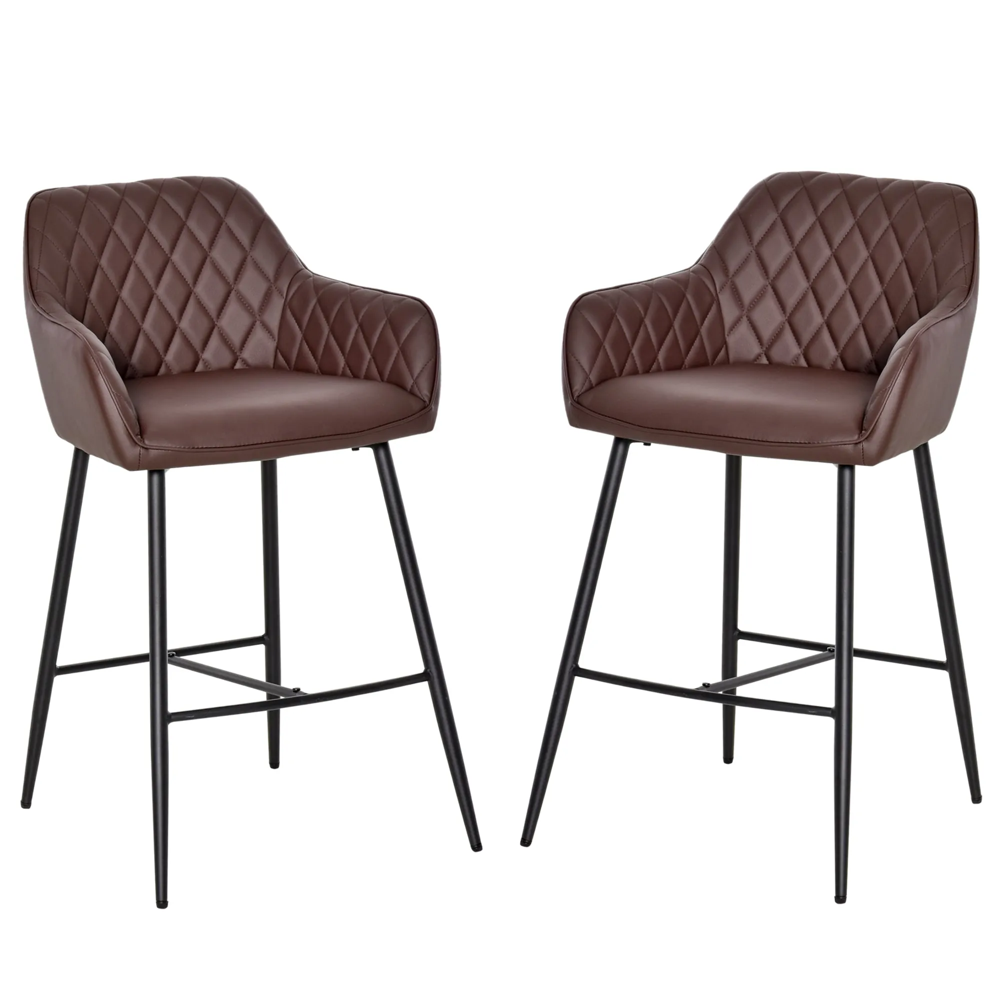 Set of 2 Bar stools With Backs Retro PU Leather Bar Chairs w/ Footrest Metal Frame Comfort Support Stylish Dining Seating Home Brown