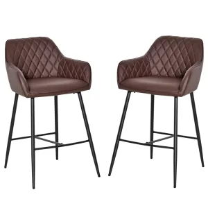 Set of 2 Bar stools With Backs Retro PU Leather Bar Chairs w/ Footrest Metal Frame Comfort Support Stylish Dining Seating Home Brown