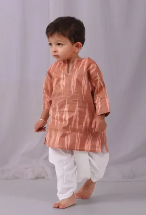 Set of 2: Chocolate Brown Ikat Kurta with white Dhoti pants