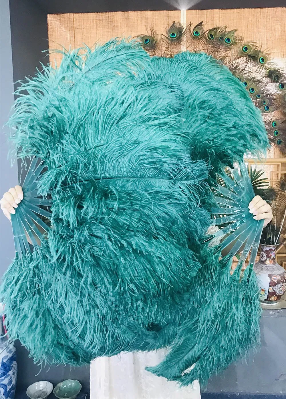 Single layer Teal Beginner’s Ostrich Feather Fan 25"x 45"