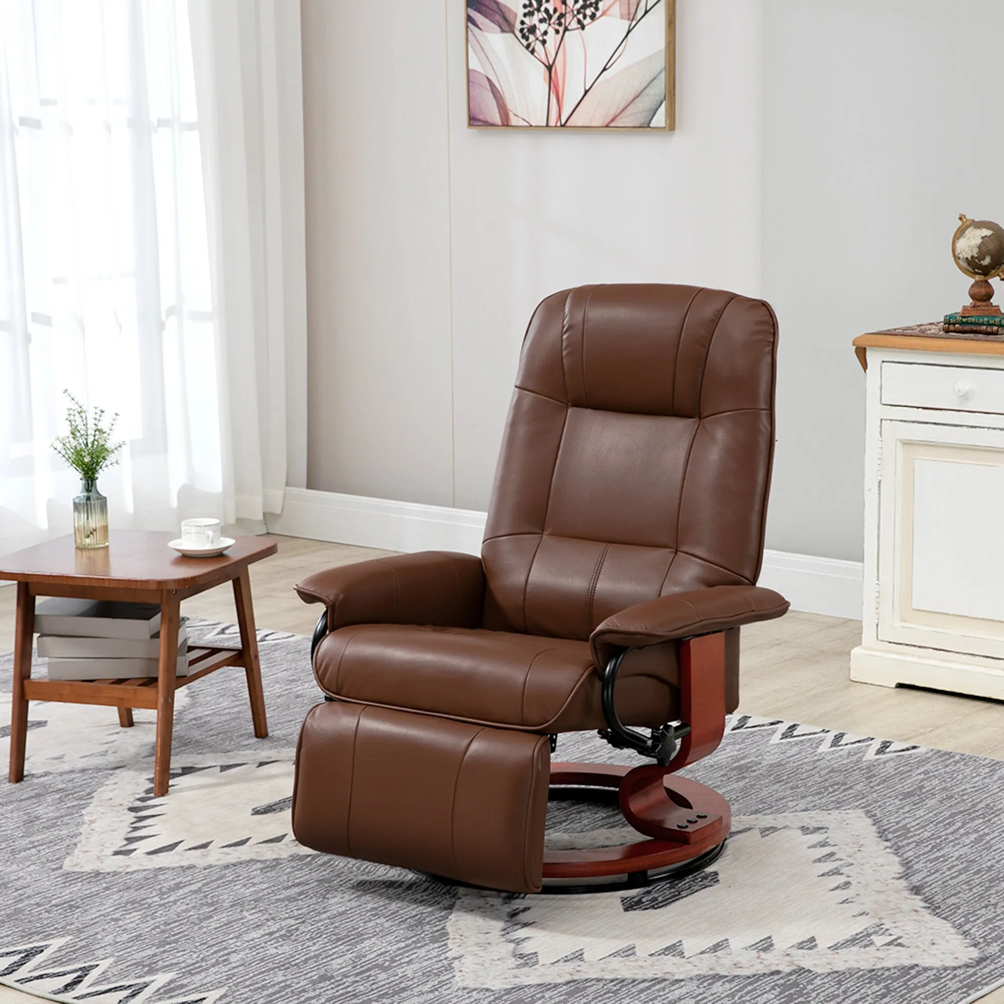 Swivel Recliner, Faux Leather Reclining Chair, Upholstered Armchair with Wooden Base for Living Room, Bedroom, Brown