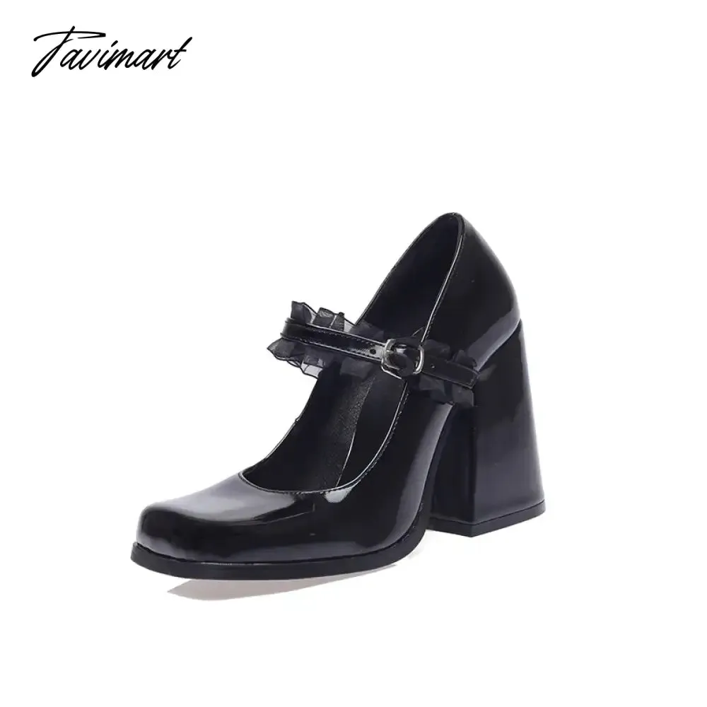 TAVIMART  -  Plus Size Glossy Patent Leather Lace Mesh Fabric Women's Pumps Square Toe Ultra-High Thick Heel Hollow Sexy Trendy Women's Shoes