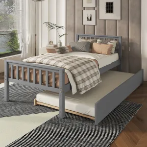 Twin Bed With Trundle, Platform Bed Frame With Headboard And Footboard, For Bedroom Small Living Space, No Box Spring Needed