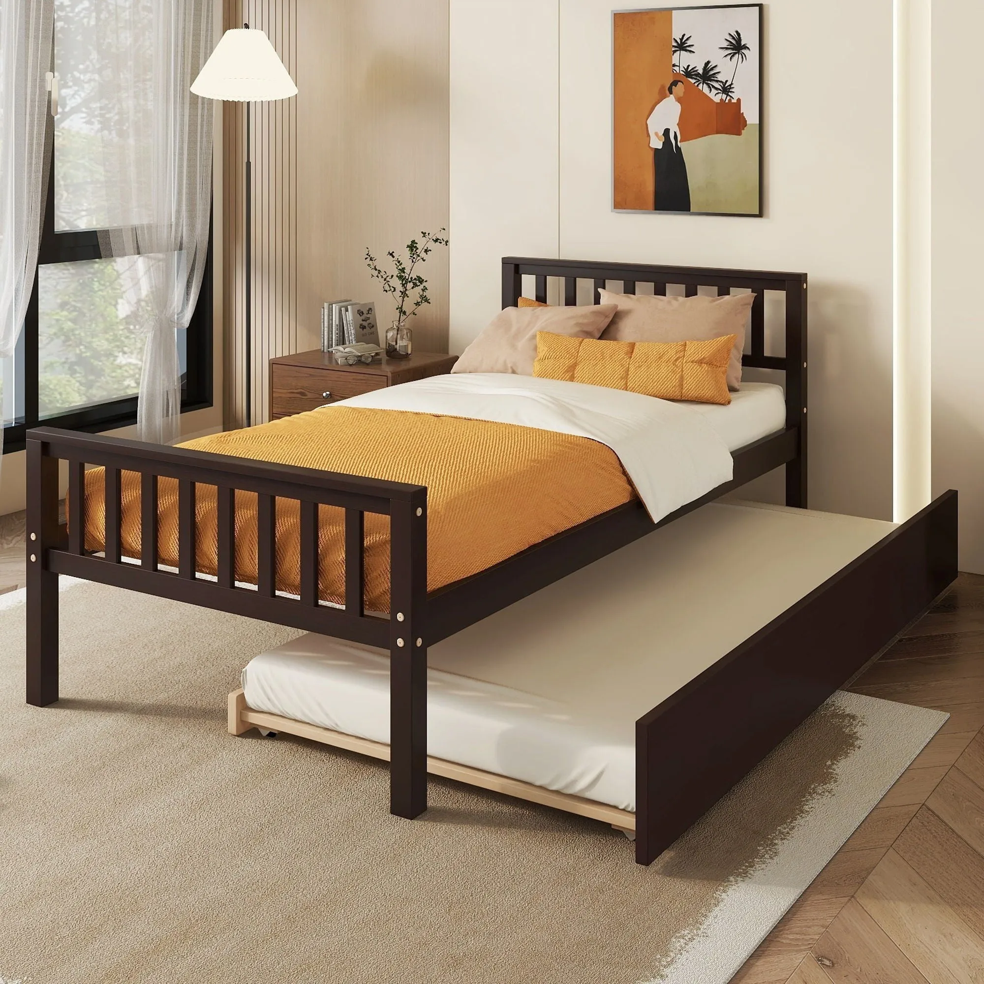 Twin Bed With Trundle, Platform Bed Frame With Headboard And Footboard, For Bedroom Small Living Space, No Box Spring Needed