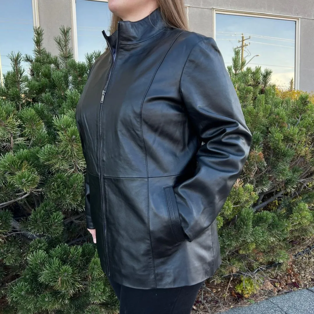 Women's Lamb Leather Jacket with Zipper and Dual Pockets