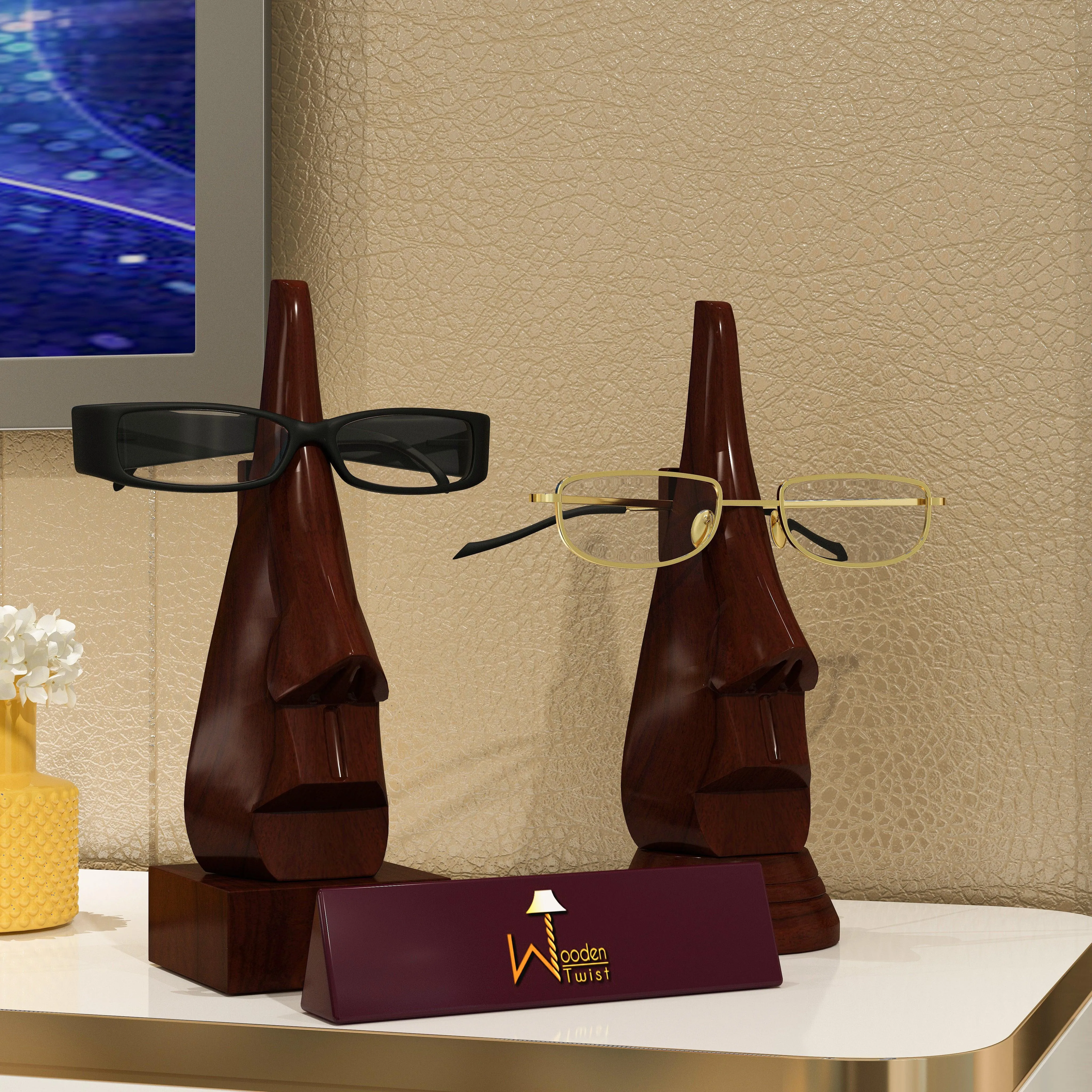 Wooden Twist Nose Shaped Spectacle Holder Specs Stand For Office Desktop