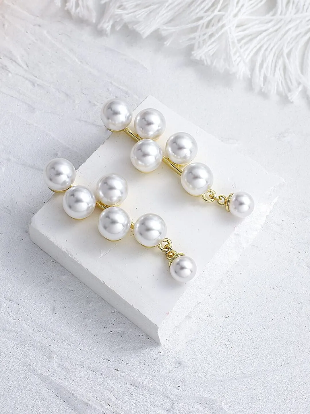 Yellow Chimes Pearl Danglers Earrings for Women | White Earrings for Girls | Gold Plated Fashion Women Earrings | Long Pearls Dangler Earrings | Birthday Gift For Girls Anniversary Gift for Wife