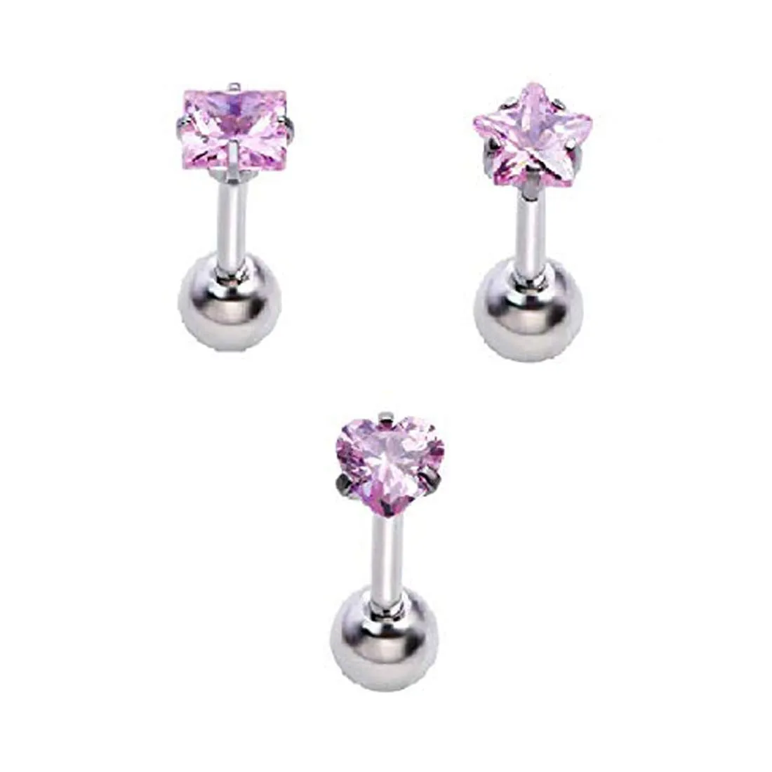 Yellow Chimes Stud Earrings for Unisex Combo of 3 Pcs Pink Silver Cubic Zirconia Stainless Steel Crystal Helix Cartilage Single Stud Earrings for Women and Girls