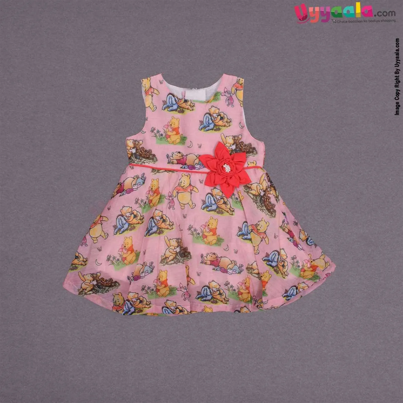 YELLOW DUCK Cotton sleeveless party wear frock for baby girl, back open zip model with rose patch and bears print- Peach