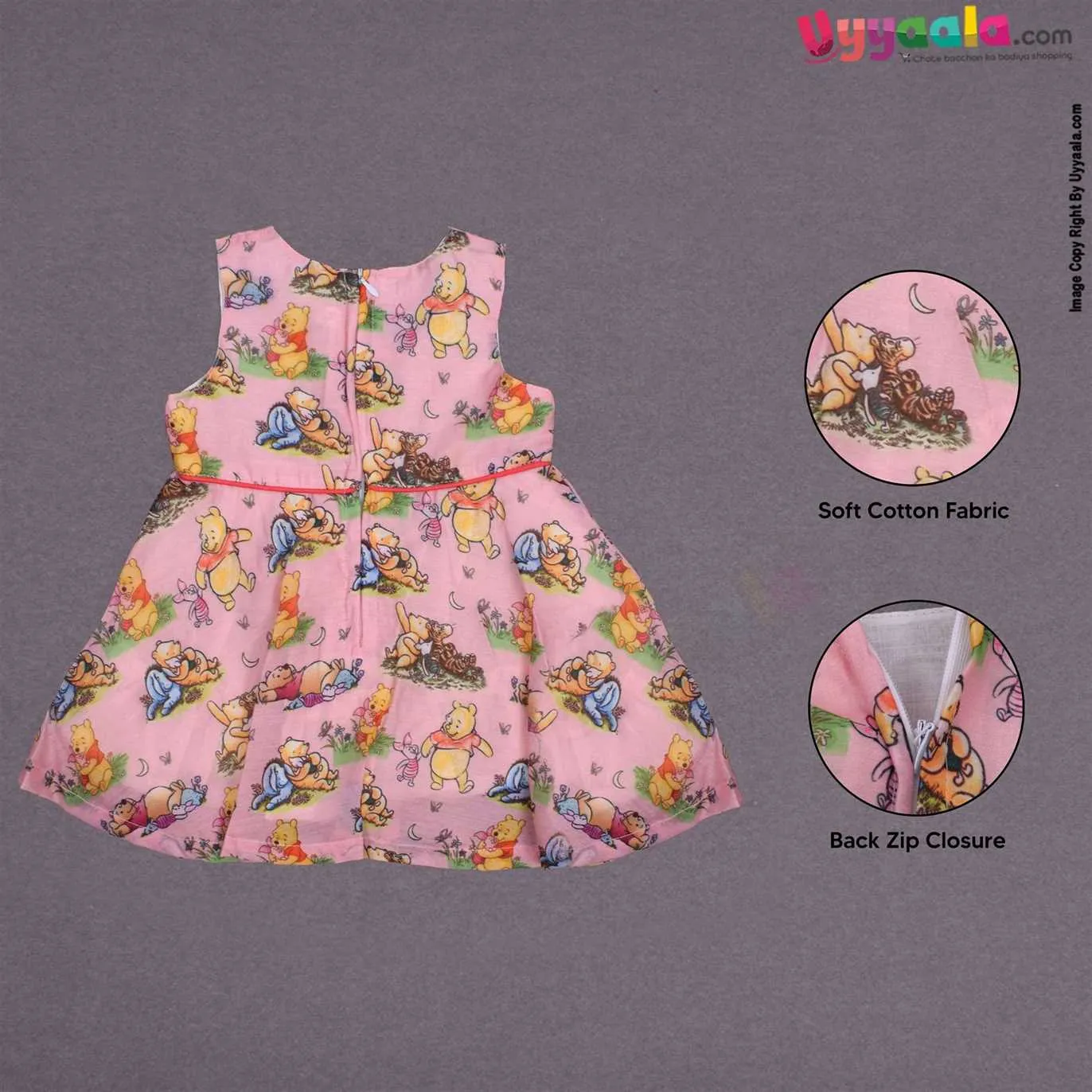 YELLOW DUCK Cotton sleeveless party wear frock for baby girl, back open zip model with rose patch and bears print- Peach